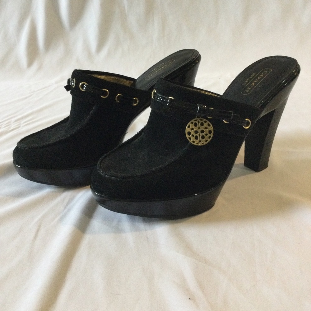 Coach Black Suede Platform Mule Heels with Gold Accent - Picture 2 of 7